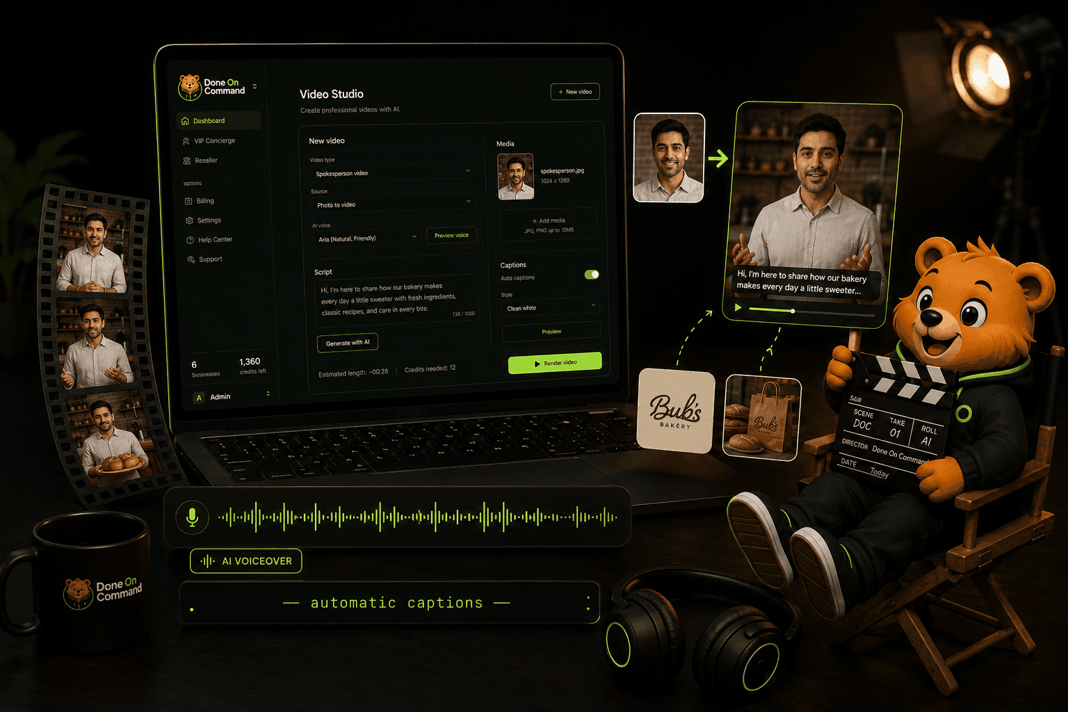 The video studio — rendered promos, spokesperson videos, and on-brand images